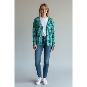 Style & Co Cardigan Sweater Green Floral Knit Grandma Casual PXL Lightweight NWT